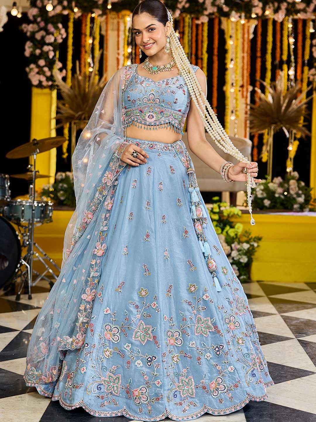 Satin Silk Embroidered Sequins Lehenga